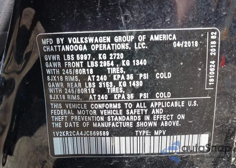 2018 Volkswagen Atlas 3.6L V6 Se from USA, damaged, VIN 1V2KR2CA4JC569589
